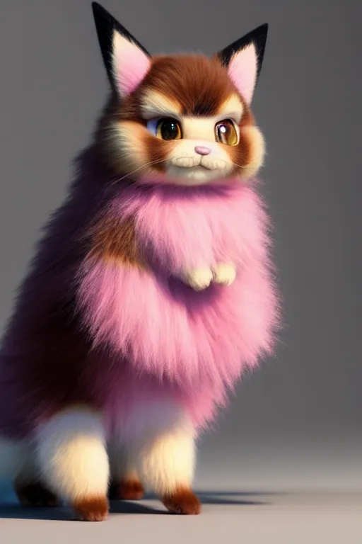 Image similar to high quality 3 d render hyperrealist very cute multicolor stripped fluffy! doe cat hybrid highly detailed, vray smooth, in the style of detective pikachu, hannah yata charlie immer, dramatic pink light, low angle, uhd 8 k, sharp focus