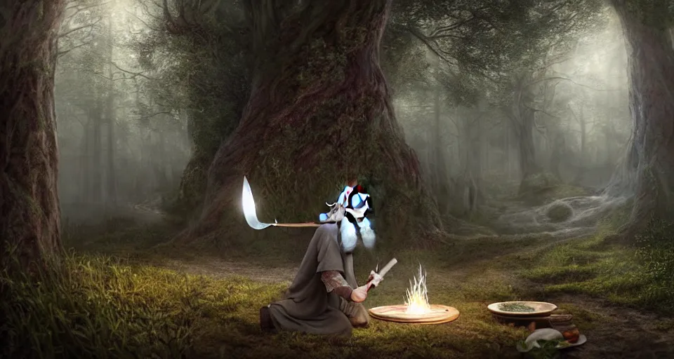 Prompt: A beautiful hyper realistic ultra detailed lifelike matte painting of Gandalf the grey casting a magic gigantic fork spell at crimson beehive in forest, unreal engine, deviantart, flickr, artstation, octane render, textured, colorful, extreme realistic detail, physically based rendering, pbr render, very detailed, volumetric lighting, detailed lighting, octane render, 4k, cinematic lighting, 8k resolution