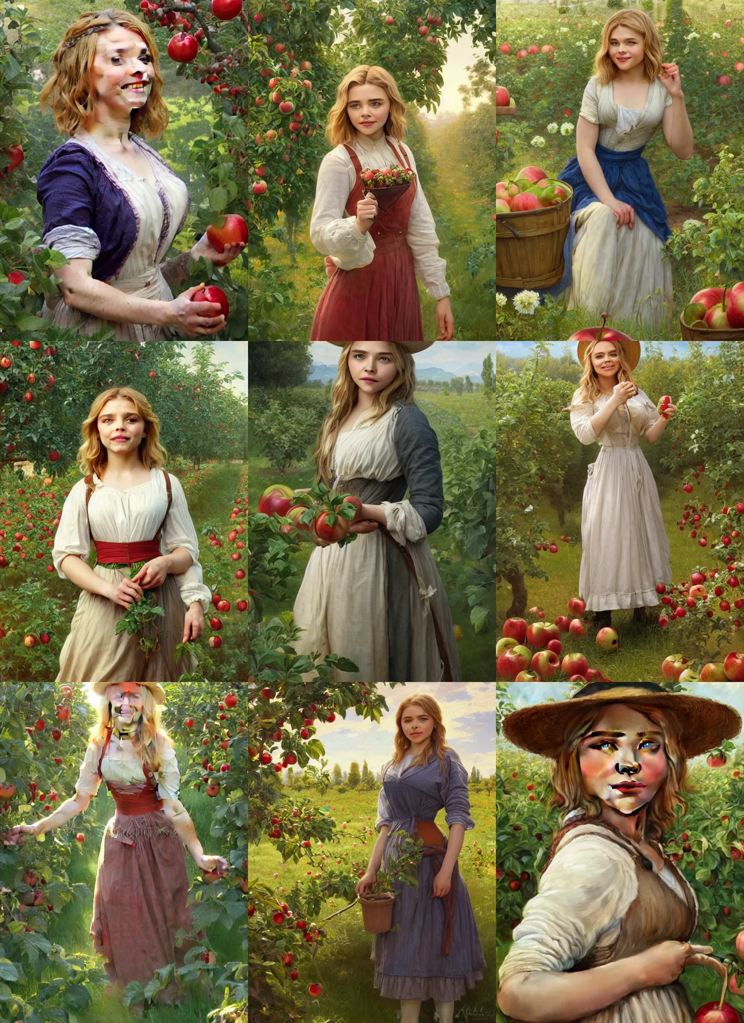 Prompt: portrait smiling hot chloe moretz as gardener in apple orchard, full length shot, shining, 8k highly detailed, sharp focus, illustration, art by artgerm, mucha, bouguereau