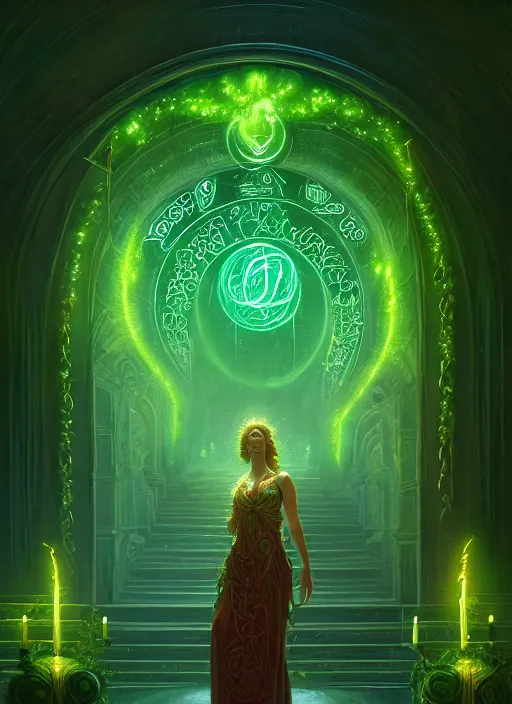 Prompt: portrait of the goddess of life, green glowing runes, overgrown altar, intricate, elegant, glowing lights, highly detailed, digital painting, artstation, concept art, smooth, sharp focus, illustration, art by wlop, mars ravelo and greg rutkowski