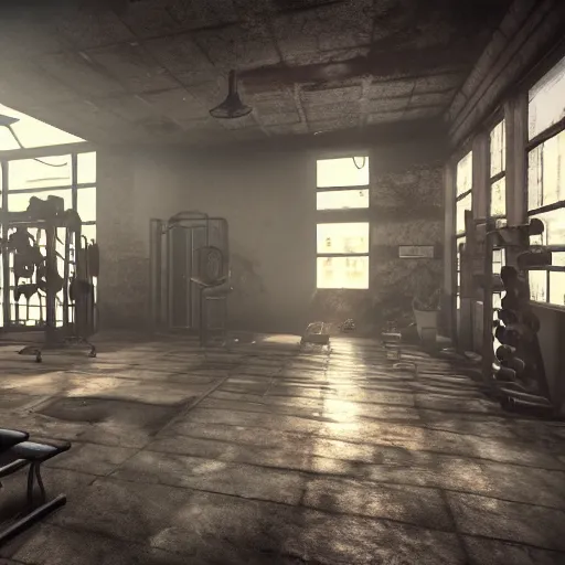 Image similar to fallout concept art gym interior render grim realistic lighting unreal engine 5