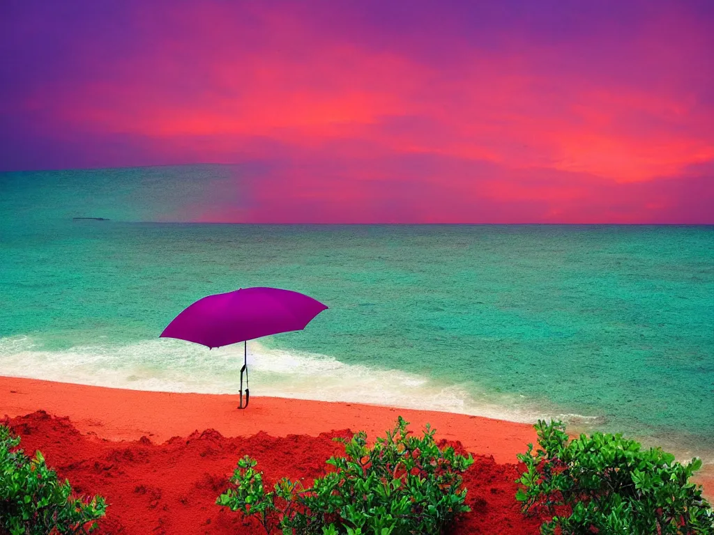 Prompt: purple umbrella, red sand beach, green ocean, nebula sunset