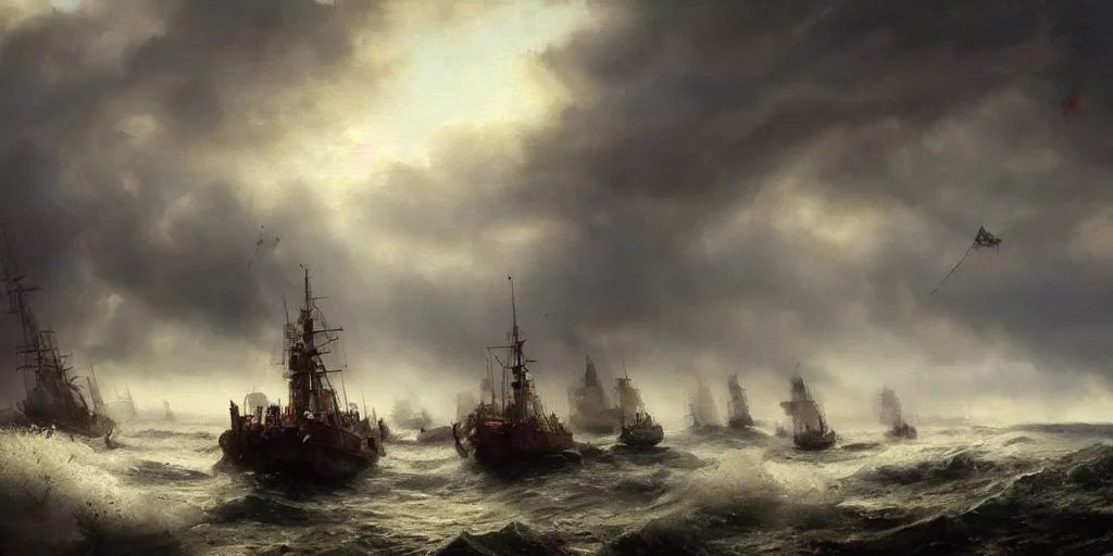 Prompt: Hyper realistic oil painting of a medieval fleet being sunk, stormy weather, dark clouds, fog, moody cinematic lighting, atmospheric, dark, by Greg Rutkowski, trending on artstation