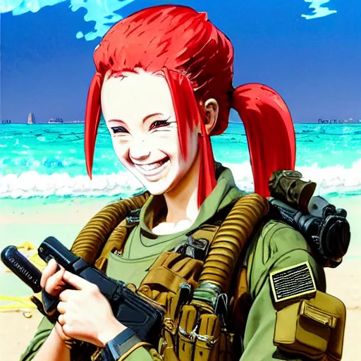 Image similar to Extremely Detailed and Full Portrait scene of Gooey Ocean scene in ink and refined sand, Red head pigtail anime woman with Military gear. Wearing a Army vest full body smiling while eating a sloppy cheese burger. The cheeseburger is leaking red sauce all over the beach by Akihito Yoshitomi AND Yoji Shinkawa AND Greg Rutkowski, Mark Arian trending on artstation