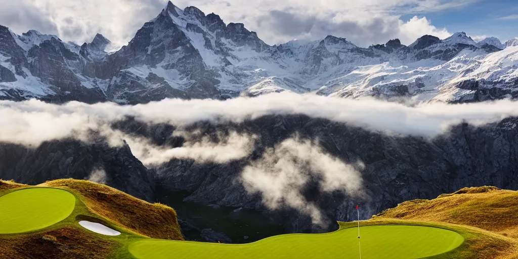 Prompt: a great photograph of the most amazing golf hole in the world, perfect light, over a cliff, in the swiss alps, hangglider, high above treeline, ambient light, 5 0 mm, golf digest, top 1 0 0, fog