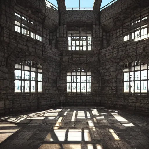 Image similar to ultra mega super hyper realistic Digital concept interior design of futuristic castle in mixed with medieval style. More cyberpunk less medieval. Natural white sunlight from the transperient roof. Rendered in VRAY and DaVinci Resolve and MAXWELL and LUMION 3D, Volumetric natural light