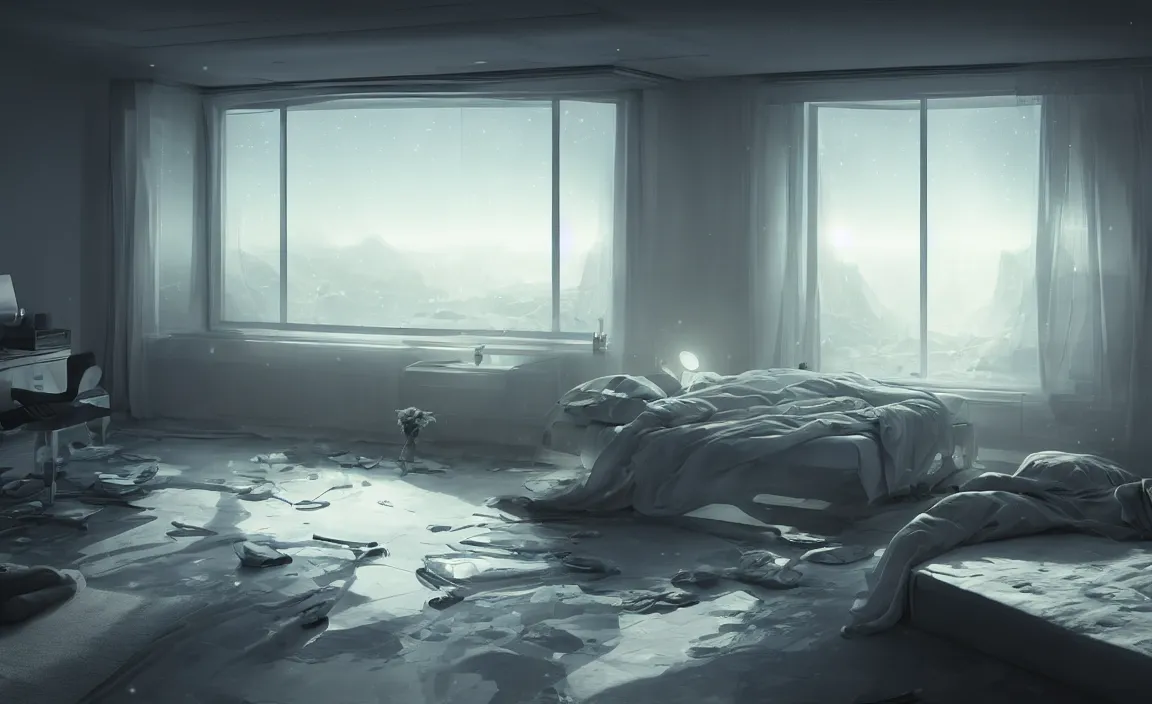 Prompt: in a bedroom, white bed, desk, computer, warm light, floor to ceiling window, the nightsky outside the window. future science fiction. game cg, hyperdetailed, trending on cgsociety