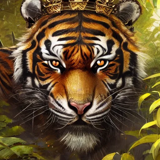 Prompt: a very high detailed tiger crossed with a muscular human body, wearing a very detailed golden kings crown, tattoo on shoulder, in a highly detailed jungle, Golden crown, crown on head, digital art, concept art, greg rutkowski, Nikolai Karelin, Hou China, trending artstation