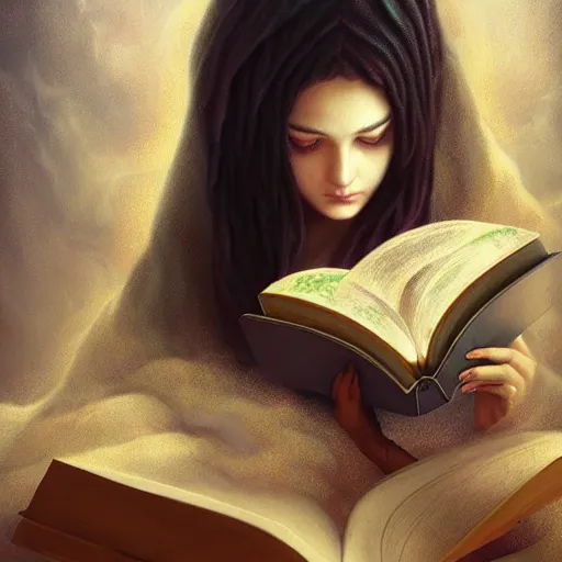 Image similar to by artgerm and agostino arrivabene, visually stunning, cinematic, ultra realistic, hyper realism, epic, octane render, unreal engine, vfx, maya, a girl reading a book, fungal enchanter, murloc tinyfin, dread infernal, wee whelp, battle ram