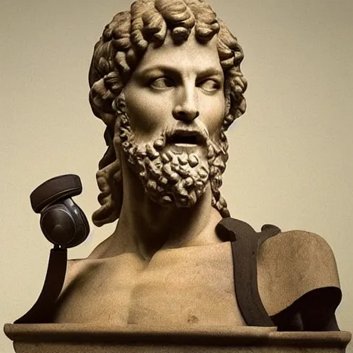 Image similar to A photo of Michelangelo's sculpture of David wearing headphones djing