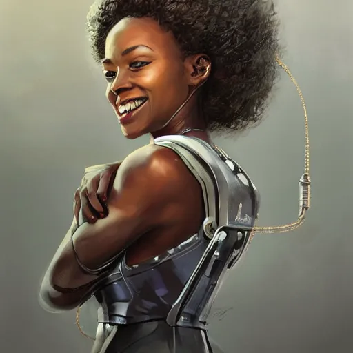 Image similar to Portrait of a woman by Greg Rutkowski, she is about 30 years old, mulato, afro hair, attractive, beautiful smile, beautiful look, she is wearing a futuristic lawyer outfit, highly detailed portrait, scifi, digital painting, artstation, concept art, smooth, sharp foccus ilustration, Artstation HQ
