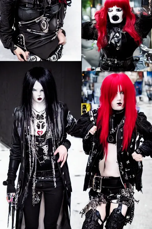 Prompt: cute black-and-red haired goth girl, goth look and clothes, chrome hearts, hyper-maximalist, highly-detailed and intricate, Rick Owens, trending on r/streetwear, outfit photo, we see them from head to toe