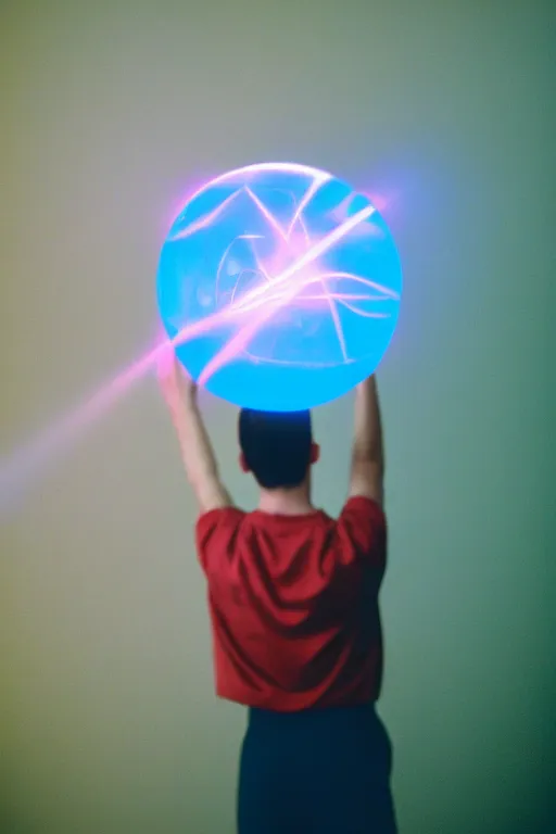 Prompt: agfa vista 4 0 0 photograph of a guy holding a glowing ball of magic, back view, synth vibe, vaporwave colors, lens flare, moody lighting, moody vibe, telephoto, 9 0 s vibe, blurry background, grain, tranquil, calm, faded!,