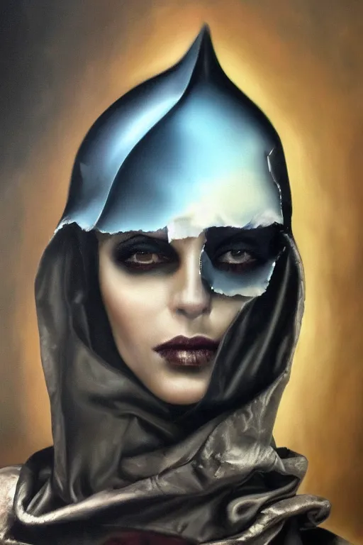 Image similar to hyperrealism oil painting, close - up portrait of european medieval brunette vampire fashion model, knight, steel gradient mixed with nebula sky, in style of baroque