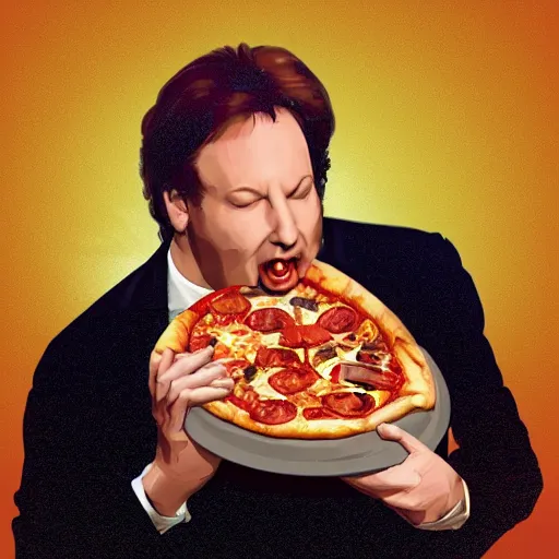 Prompt: A pizza eating Hans Zimmer, digital art