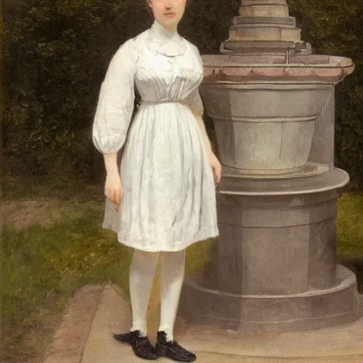 Image similar to a full body portrait of a young woman in maid uniform standing in front of a fountain in a park, very detailed, by William-Adolphe