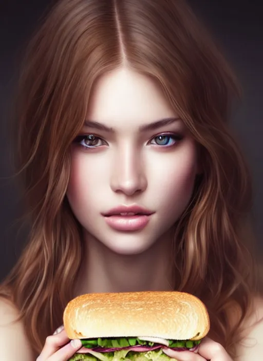 Prompt: a gorgeous female photo, professionally retouched, soft lighting, holding a subway sandwich, realistic, smooth face, perfect eyes, wide angle, sharp focus on eyes, 8 k high definition, insanely detailed, intricate, elegant, art by artgerm and wlop