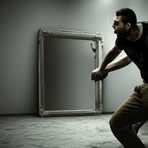 Prompt: incredible cinematic image of young angry man trying to fight to himself in broken mirror, studio shot, dynamic lighting, high definition, highly detailed, photo-realistic, unreal engine render, 16k