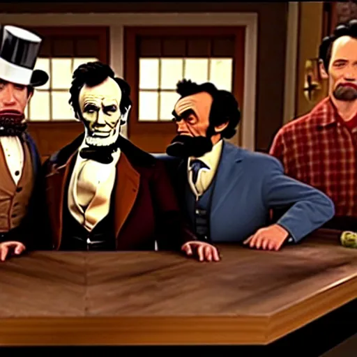 Image similar to The It's Always Sunny in Philadelphia episode where the gang meets Abe Lincoln Dee is there with Mac and so is Dennis they are at the bar, photo realistic, studio lighting, It's Always Sunny in Philadelphia