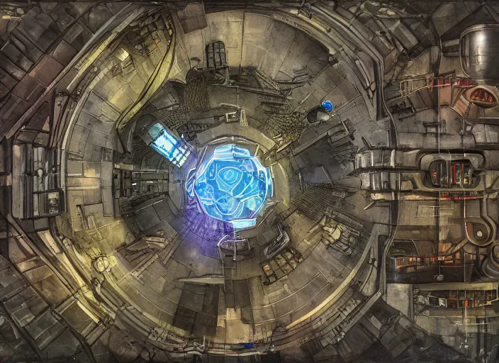 Image similar to wide establishing shot of a dungeons and dragons battle map, top view of the metallic inside of a particle accelerator, dynamic composition, dramatic lighting, trending on artstation, digital art, stylized painting