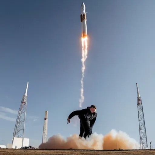 Image similar to a picture of elon musk launching like he's a rocket, full body, dslr, launch test