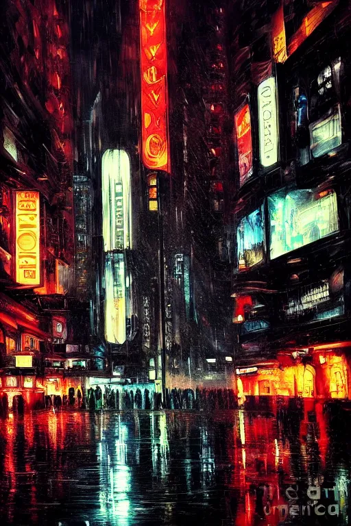 Prompt: Blade Runner City by Caravaggio, neon lights, raining, oil painting, renaissance style