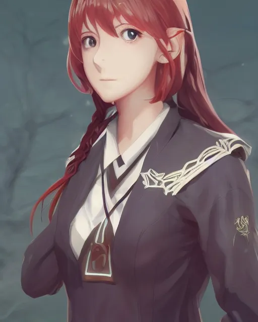 Image similar to an anime portrait of nanno as a beautiful woman wearing a school uniform from skyrim, by stanley artgerm lau, wlop, rossdraws, james jean, andrei riabovitchev, marc simonetti, and sakimichan, trending on artstation