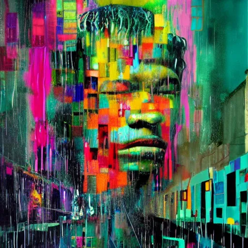 Prompt: rain like a dream, oil painting, cyberpunk, basquiat + francis bacon + gustav klimt + beeple, elevated street art, fantasy lut, textural, pink, blue, purple, green,