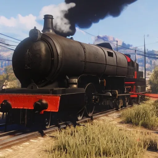 Image similar to futuristic sleek steam locomotive in red dead redemption 2