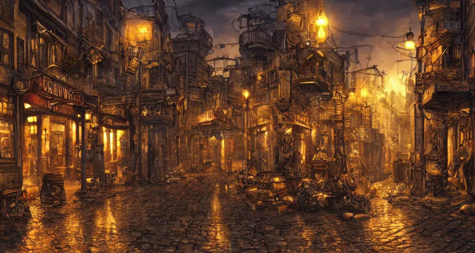 Prompt: steampunk city streets at night by guido borelli da caluso, junk everywhere, wires hanging, steam, trending on artstation