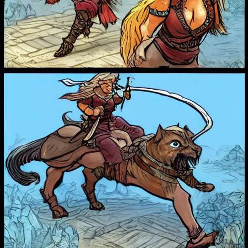 Image similar to D&D art of a female halfling rogue with hairy feet, riding on top of a panther through waterdeep, sunny afternoon, in the style of Storm comics