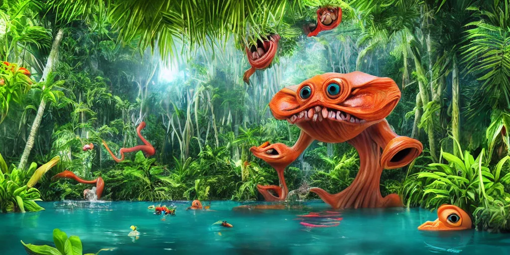 Image similar to of a tropical rainforest lake with strange cute friendly happy creatures with huge eyes, mouth, long tongue, round teeth and goofy face, appearing from the water, in the style of gehry and gaudi, macro lens, shallow depth of field, ultra detailed, digital painting, trending artstation, concept art, illustration, cinematic lighting, photorealism, epic, octane render