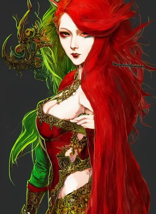 Image similar to Full body portrait of a beautiful red haired elven queen with haughty look, ominous aura wearing, red, green and gold ornate queen dress. In style of Yoji Shinkawa and Hyung-tae Kim, trending on ArtStation, dark fantasy, great composition, concept art, highly detailed.