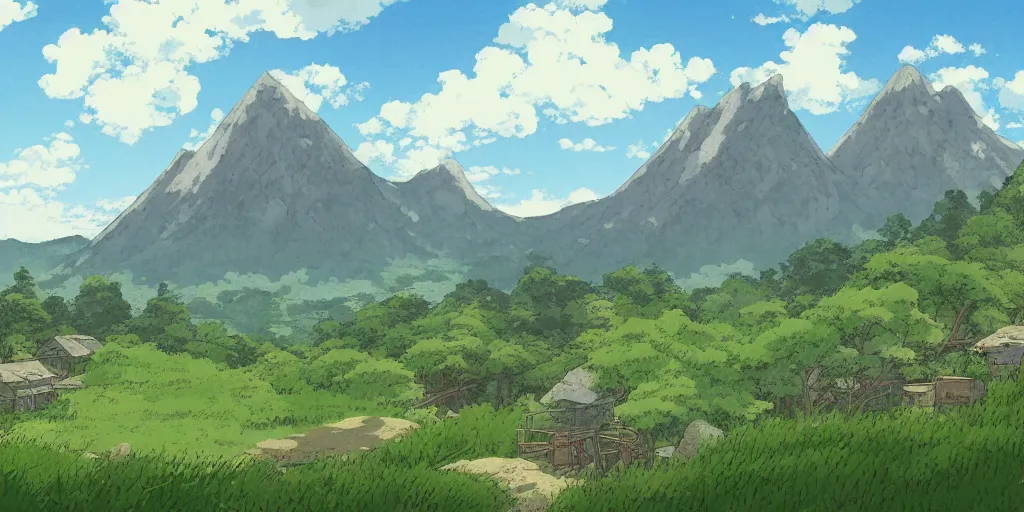 Prompt: a peaceful mountain overlooking a field, studio ghibli, HD