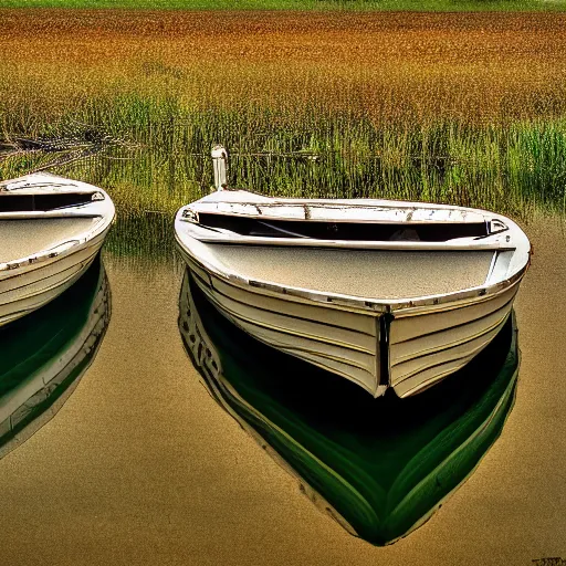 Image similar to realistic photo of flat broken mirrors stretching to the horizon, a small boat on the mirrors by albert dros