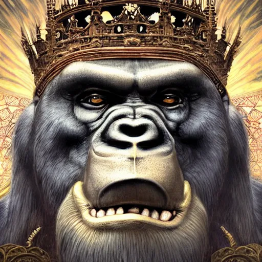 Prompt: portrait of king kong made with porcelain by Jeff Easley and Peter Elson + beautiful eyes, beautiful face + symmetry face + border and embellishments inspiried by alphonse mucha, fractals in the background, galaxy + baroque, gothic, surreal + highly detailed, intricate complexity, epic composition, magical atmosphere + masterpiece, award winning + trending on artstation