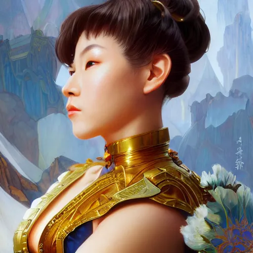 Prompt: Chun li, highly detailed, digital painting, artstation, concept art, smooth, sharp focus, illustration, ArtStation, art by artgerm and greg rutkowski and alphonse mucha and J. C. Leyendecker and Edmund Blair Leighton and Katsuhiro Otomo and Geof Darrow and Phil hale and Ashley wood and Ilya repin and Charlie Bowater