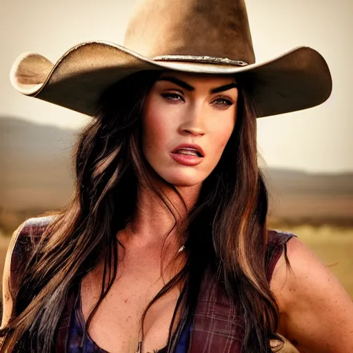 Prompt: megan fox as cowboy in western town, her face flushing and sweat, focus on head, professional photography