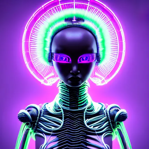 Image similar to half body portrait of an absurdly beautiful, graceful, sophisticated, asian cyberpunk mechanoid fashion idol, hyperdetailed photo by irakli nadar, maria borges, matt wisniewski style, intricate linework, neon jellyfish headdress, carved bone ruff, xenomorphic body suit, unreal engine 5 highly rendered, global illumination, radiant light, detailed and intricate environment