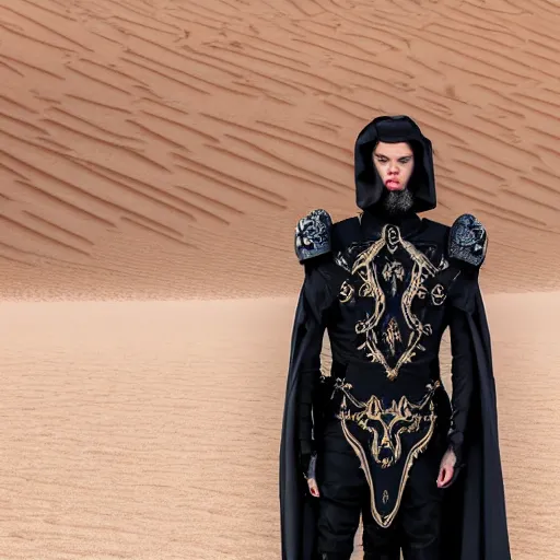 Prompt: medium face shot of adult Austin Butler dressed in futuristic-baroque black-prussian blue garb with Griffin-Ram embroidery emblem, and nanocarbon-vest and greaves, standing in an arena in Dune 2021, XF IQ4, f/1.4, ISO 200, 1/160s, 8K, face in-frame