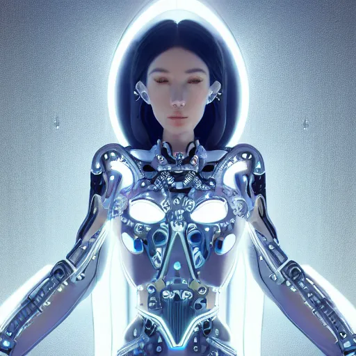 Image similar to symmetrical feminine cyborg goddess rendered in Cinema 4D and Octane and Unreal Engine 5, elegant cybernetic body and ornate futuristic robes, glowing white neon eyes, platinum and obsidian flowing long hair, art by Artgerm, Beeple and Alphonse Mucha, hyperrealism, full body photogenic shot, digital render, cinematic lighting ornate earrings, 8k resolution, masterpiece work