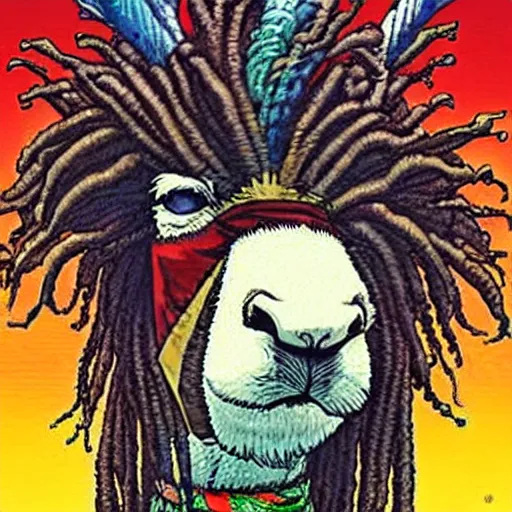 Image similar to llama with dreadlocks, heroic pose, by Katsuhiro Otomo, with beautiful colors