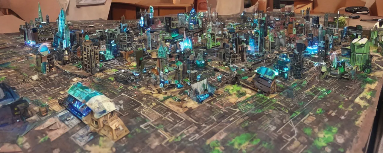 Image similar to functional mini sci-fi city made out painted cardboard