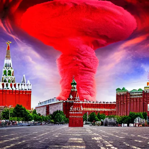 Image similar to huge nuclear explosion photo, red square moscow, photorealistic, detailed photography, masterpiece