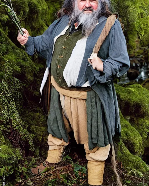 Image similar to annie leibovitz style photoshoot of peter jackson dressed as tom bombadil, lotr, tolkien, weta workshop style, hyperreal