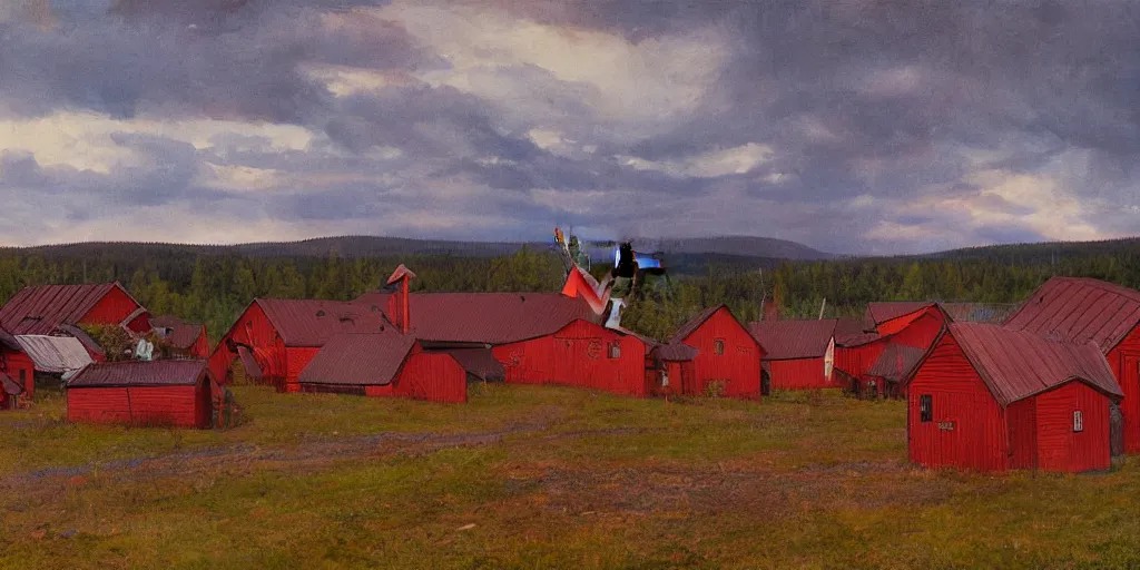 Image similar to a dramatic lighting view of dalarna, sweden, red and brown wooden cottages seen on a field, in the style of anders zorn