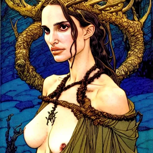 Image similar to a realistic, very beautiful and atmospheric portrait of a young natalie portman as a druidic warrior wizard looking at the camera with an intelligent but seductive gaze by rebecca guay, michael kaluta, charles vess and jean moebius giraud