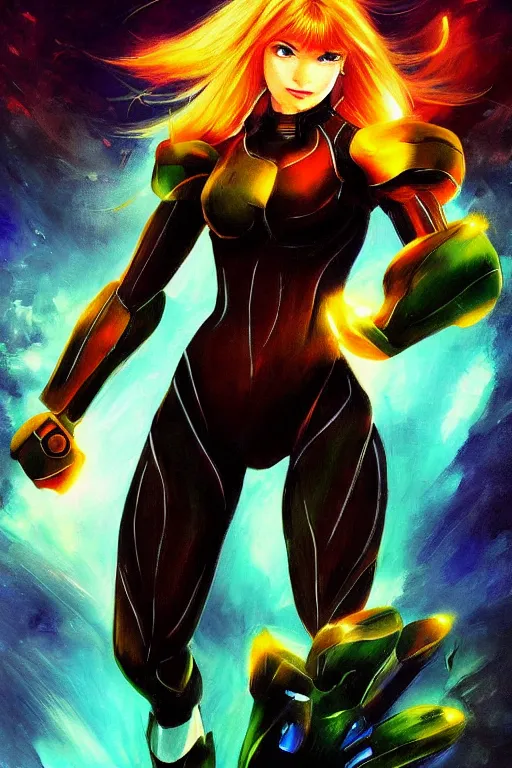 Image similar to samus from metroid painting, thick brush strokes, black outline, dynamic pose, beautiful, artstation