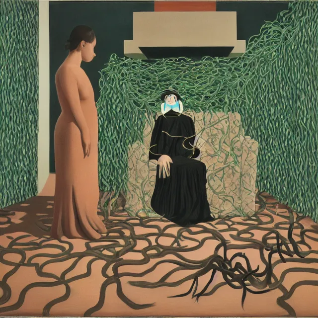 Image similar to a female pathology student in her apartment, wrapped in vines, medical equipment, stepping stones, octopus, pig, black walls, ikebana, black armchair, sculpture, acrylic on canvas, surrealist, by magritte and monet