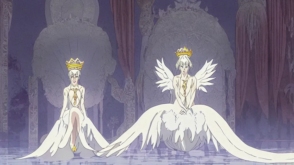 Prompt: a queen dressed as a white swan, wearing a swan mask, sitting in her white stone throne room, anime film still from the an anime directed by katsuhiro otomo with art direction by salvador dali, wide lens